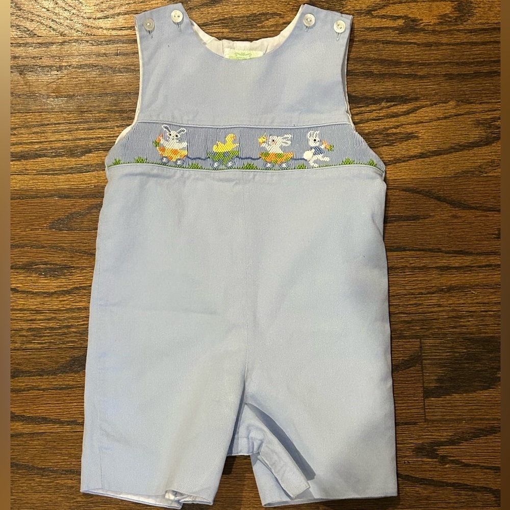 Light Blue Smocked Easter Bunny Jon Jon/Romper